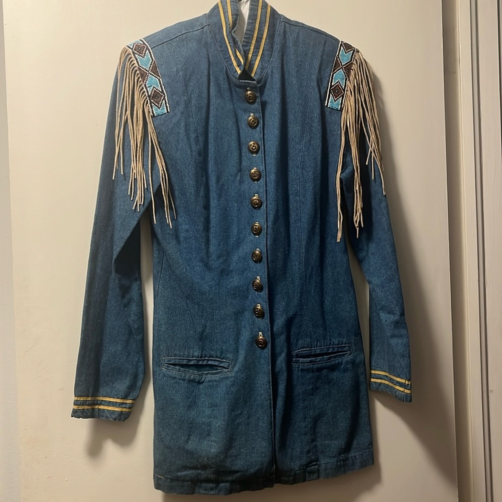 DOUBLE D RANCH Denim Overcoat/Dress/Jacket w/suede fringe and beading detail XS